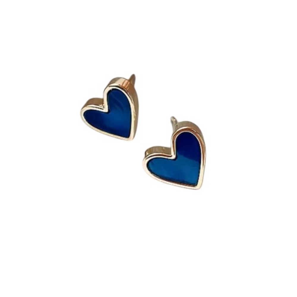 Blue Heart Shaped Stud Earrings - Blue and Gold - Picture 2 of 6